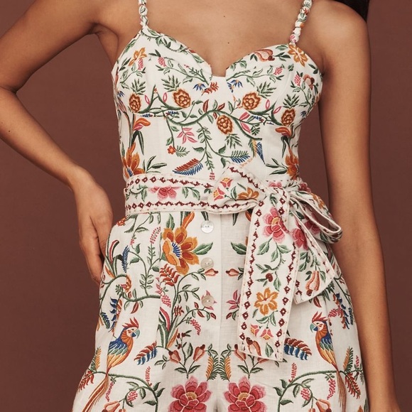 New FARM Rio Floral Sweetheart Neckline Belted Linen Romper - Picture 4 of 4